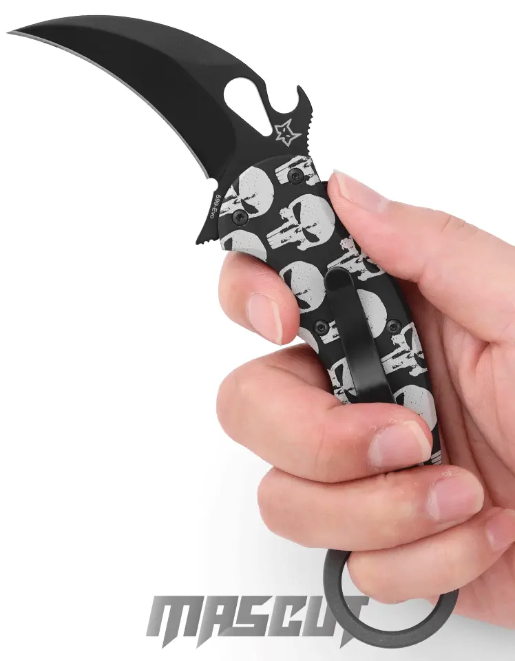 FOX FX-599 ALB-5 Karambit 爪刀N690Co黑刃制裁者骷髏圖黑色鋁柄-折刀